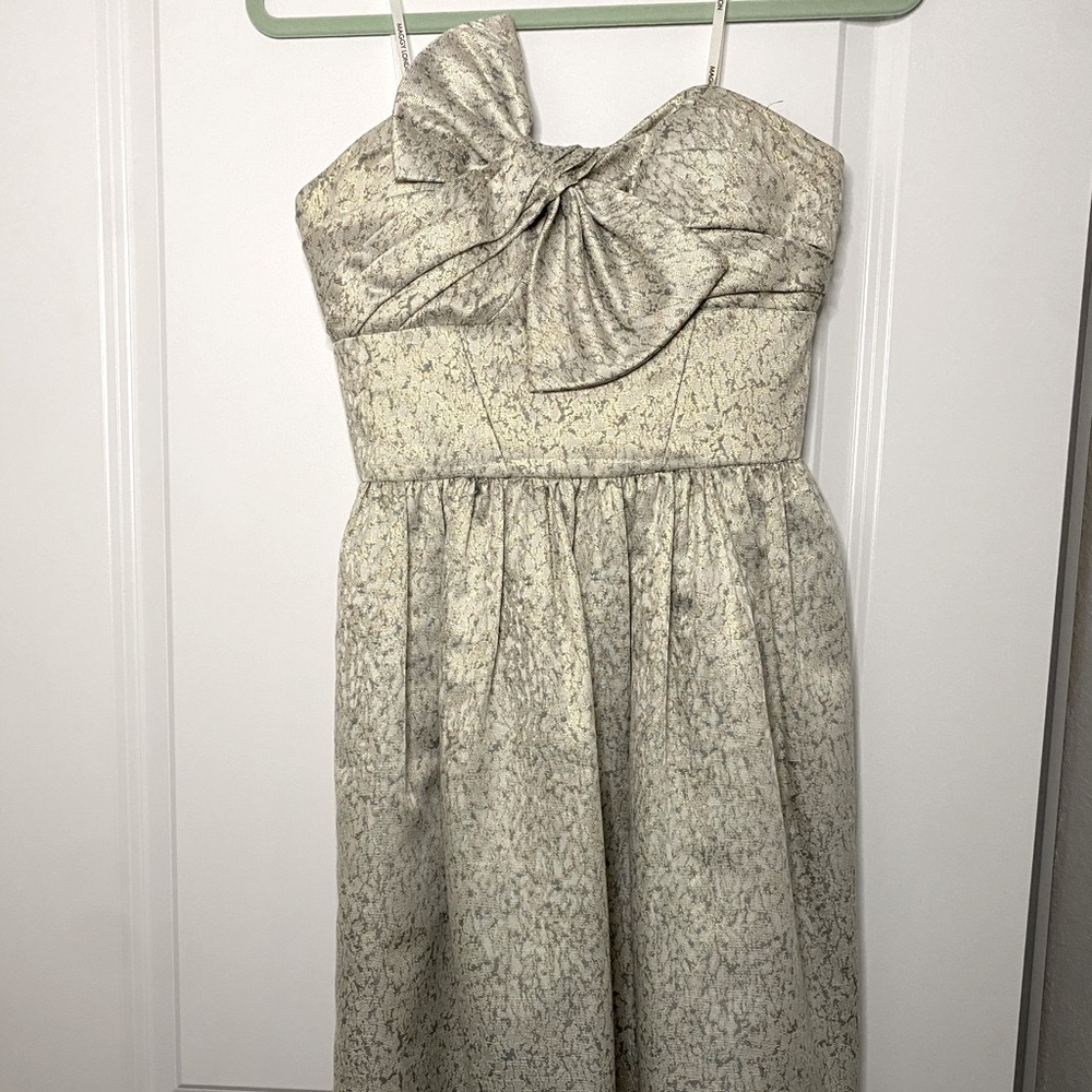 Bow Detail Strapless Brocade Dress